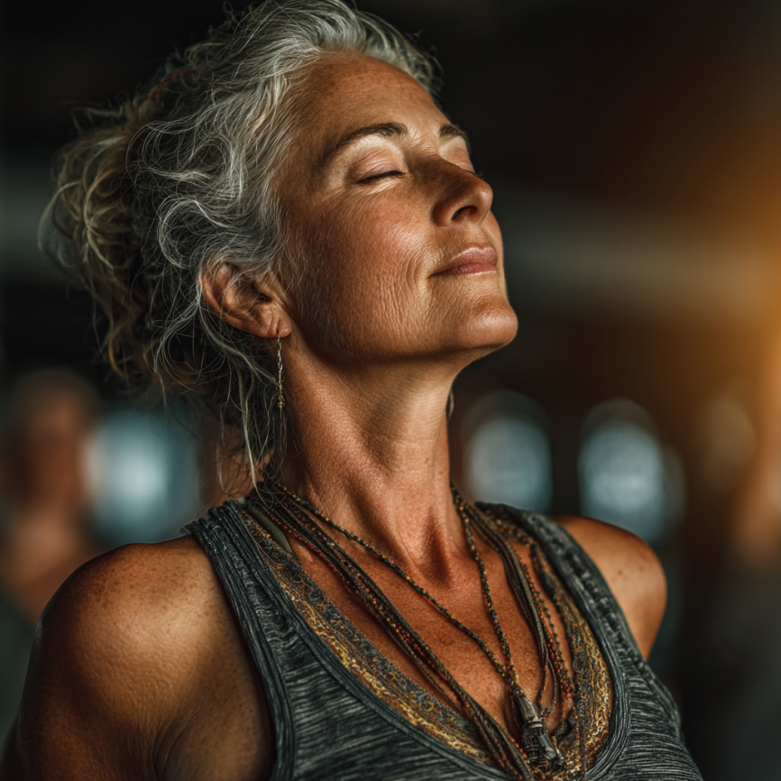 Літня жінка займається йогою на природі