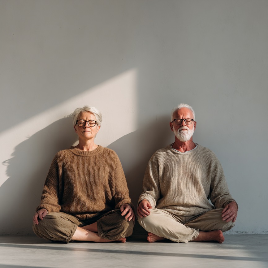 Літня жінка займається йогою на природі